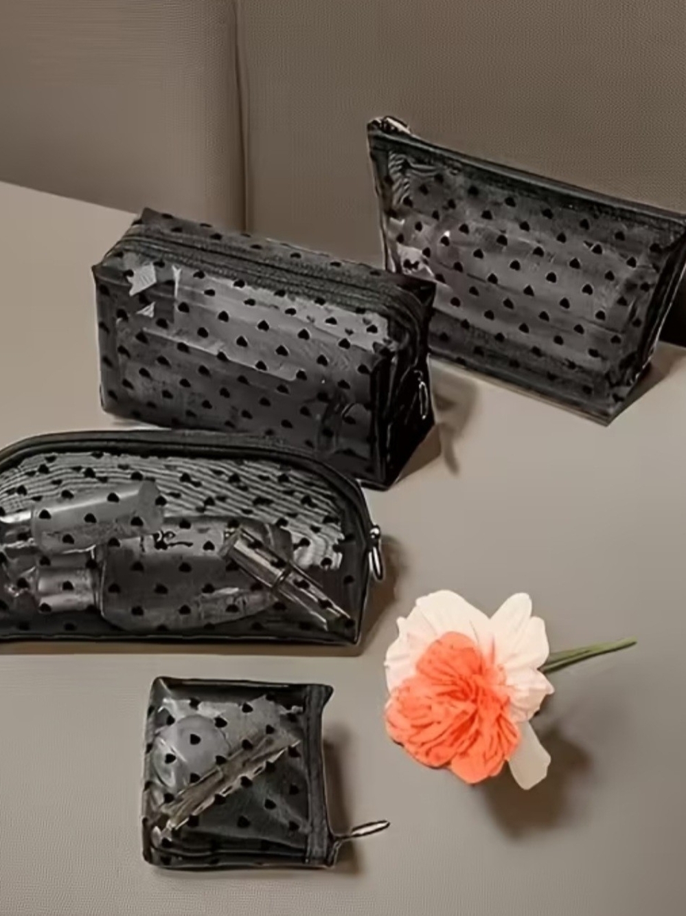 Black Heart-Print Travel Pouch Set
